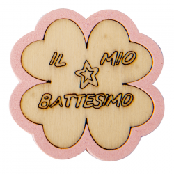 Applicazione in legno quadrifoglio battesimo rosa 1